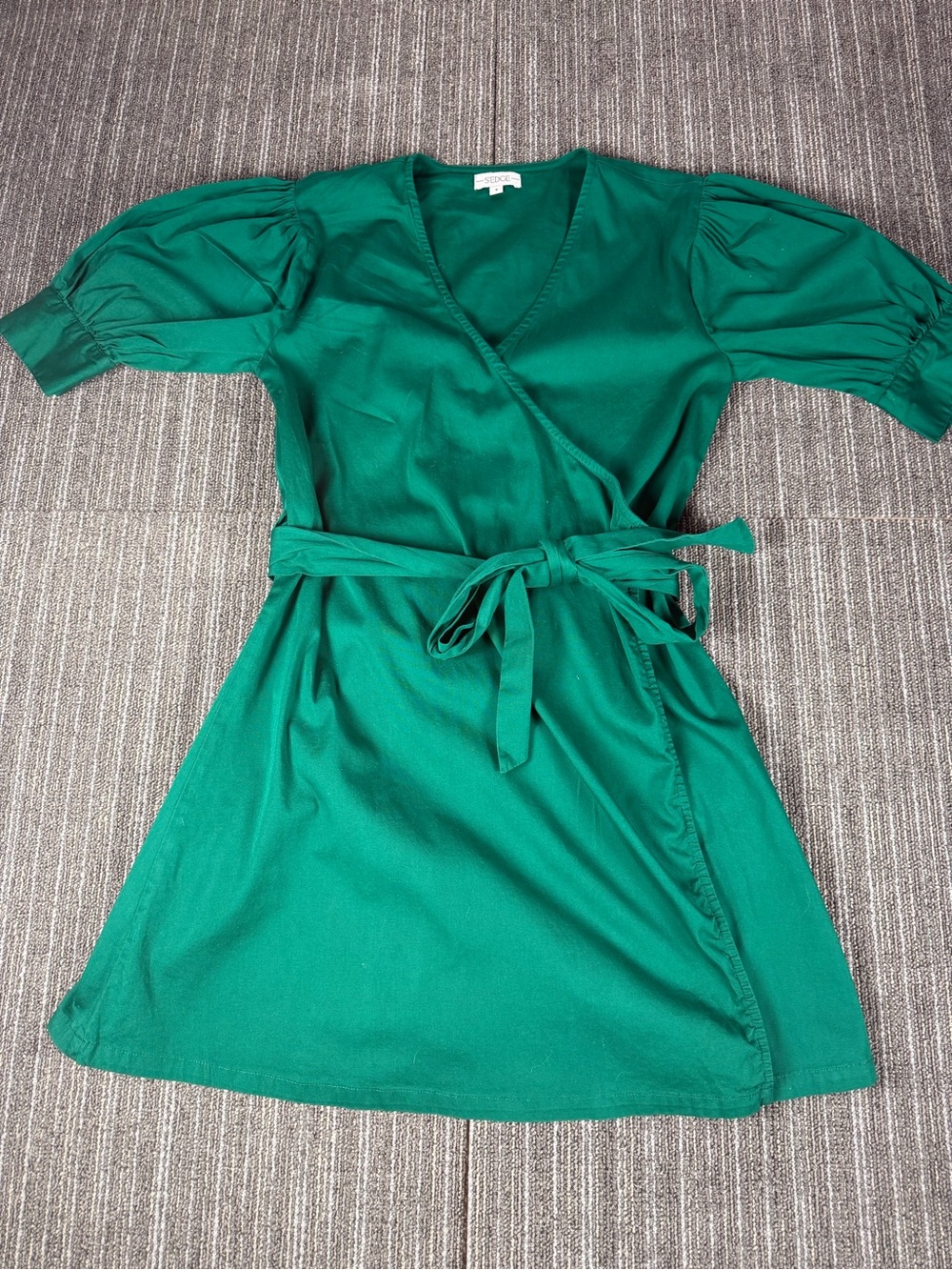 S'edge Poplin Wrap Dress Size S Emerald Green Puff Sleeve 97% Cotten